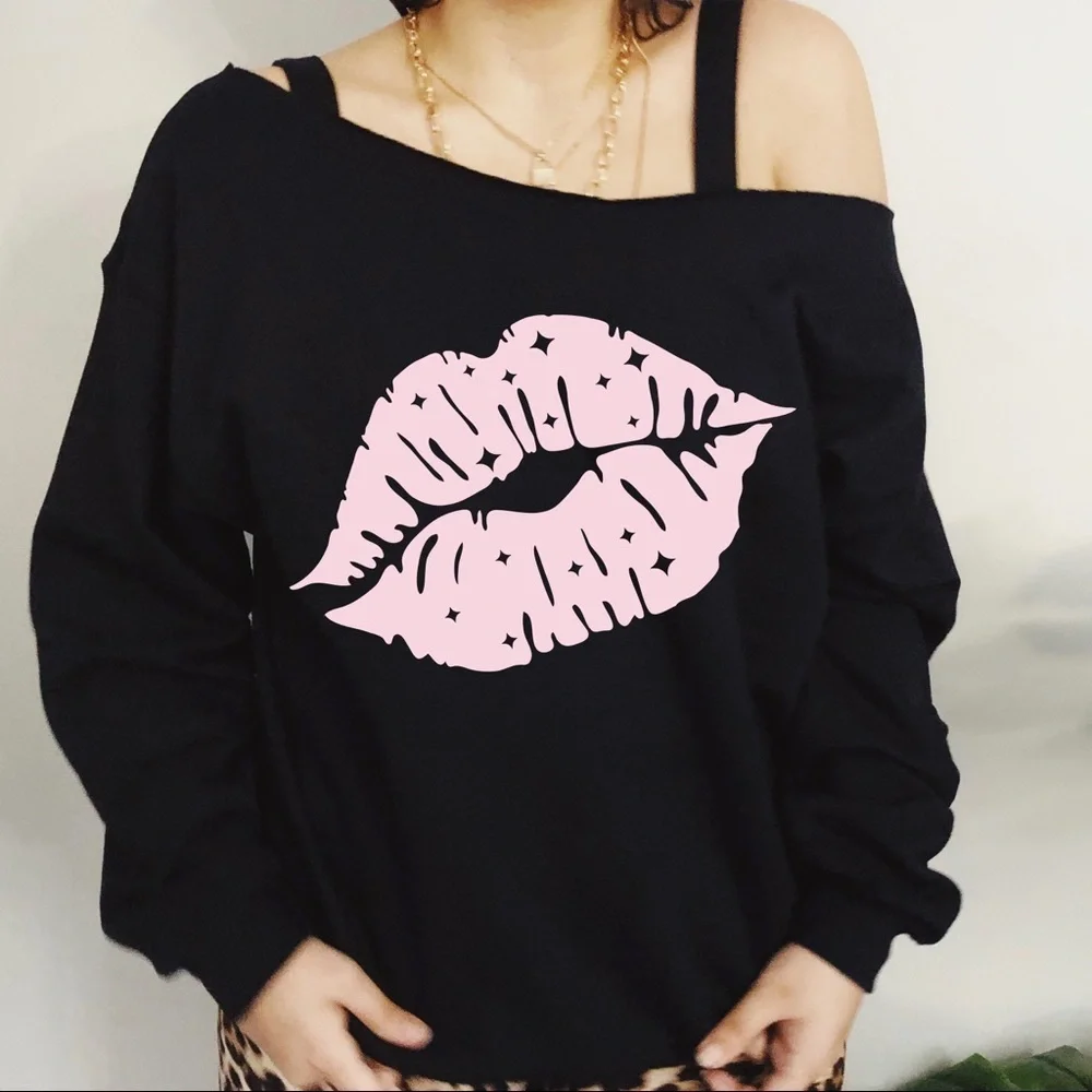 Kiss Lips Slouchy Neck Long Sleeve Sweatshirt Multiple Colors And Sizes - Picture 3 of 5